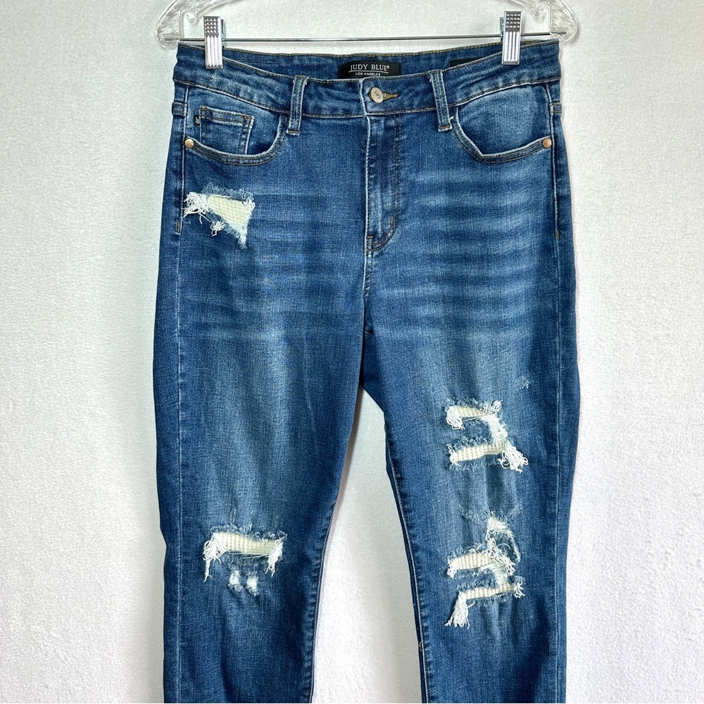 Judy Blue Boyfriend Fit Blue Jeans 9/29 Thermal Insert Patch Distressed Stretchy